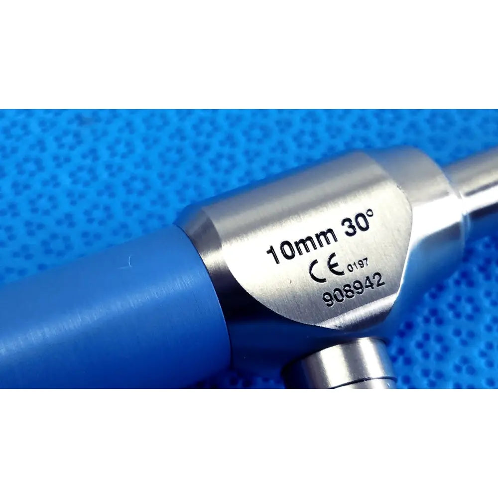 Silver surgical instrument with blue handle and engraved specifications in stryker lot autoclavable 10mm 134ºc scope set