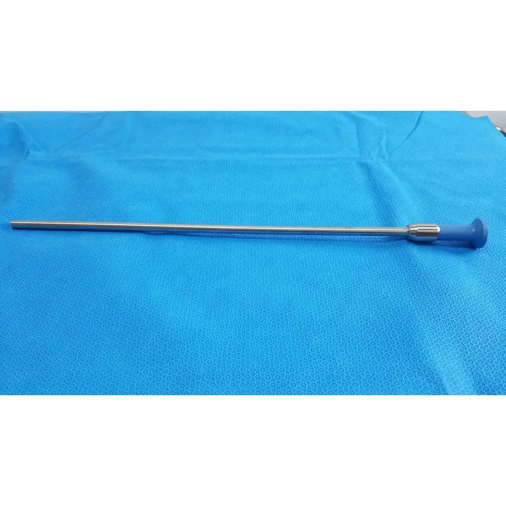 Silver surgical instrument with blue plastic handle in stryker lot autoclavable 10mm 30º scope with sterilization tray