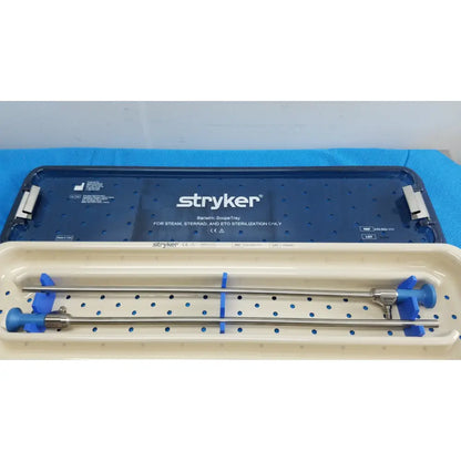 Stryker lot of 2 autoclavable 10mm 30º scopes with metallic shafts and blue handles in blue and white sterilization tray