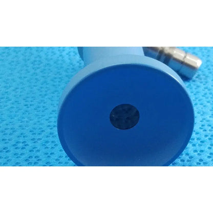 Blue cylindrical stryker lot autoclavable 10mm 30º scope with central hole and metallic attachment in sterilization tray
