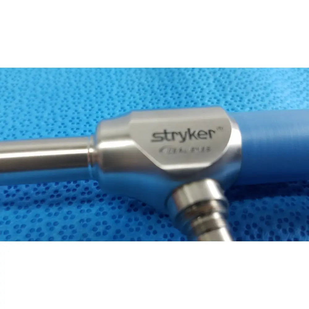 Stryker lot of 2 autoclavable 10mm 30º scopes with metallic silver handle and blue ergonomic grip in sterilization tray