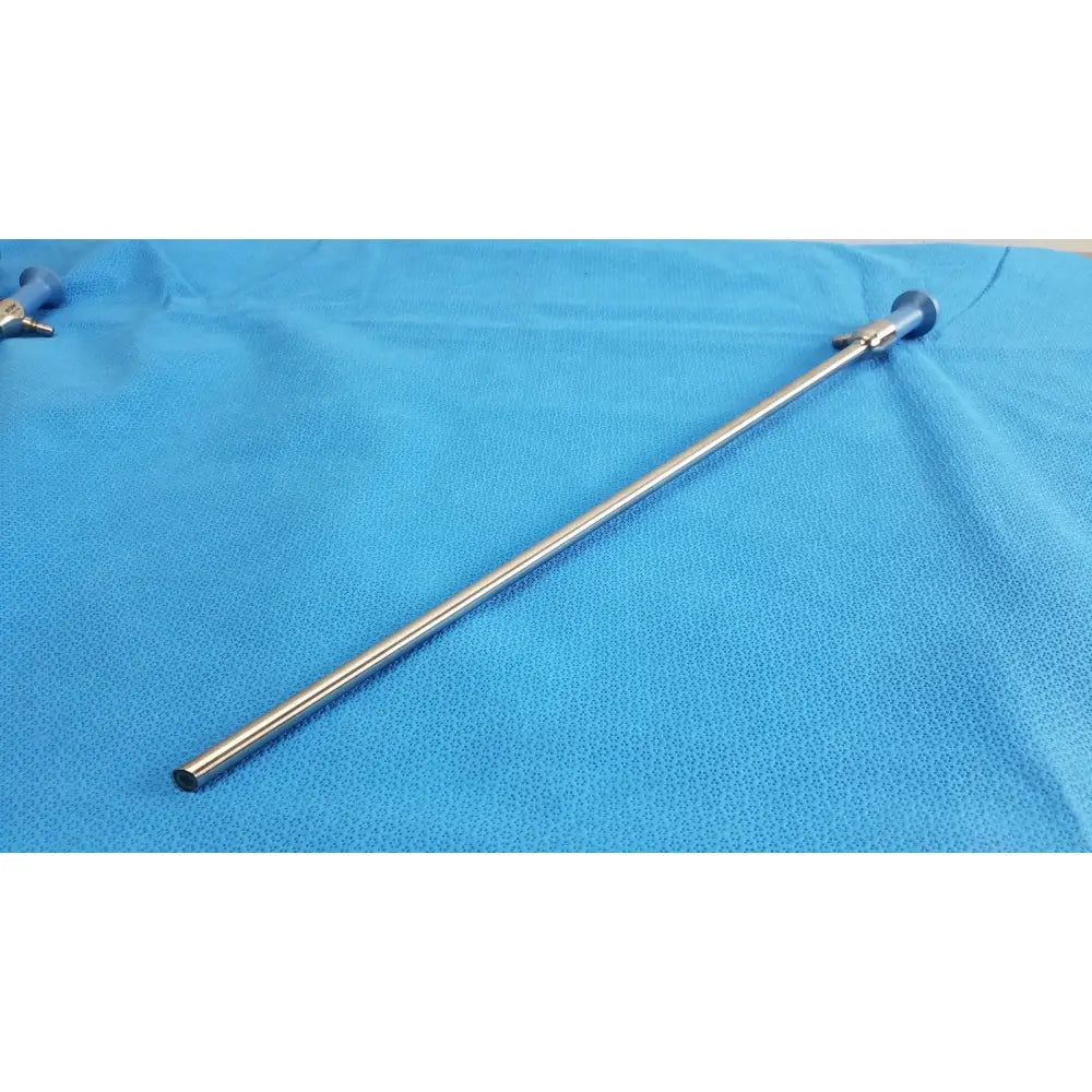 A stryker lot of 2 autoclavable 10mm 30º surgical endoscope with blue handles and polished stainless steel shaft