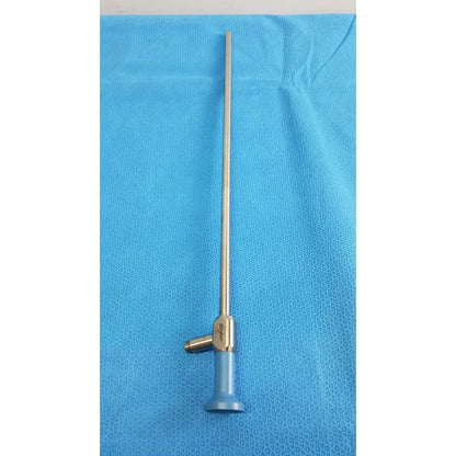 Silver surgical endoscope with blue handle and engraved branding on metallic joint from stryker lot autoclavable 134ºc scope