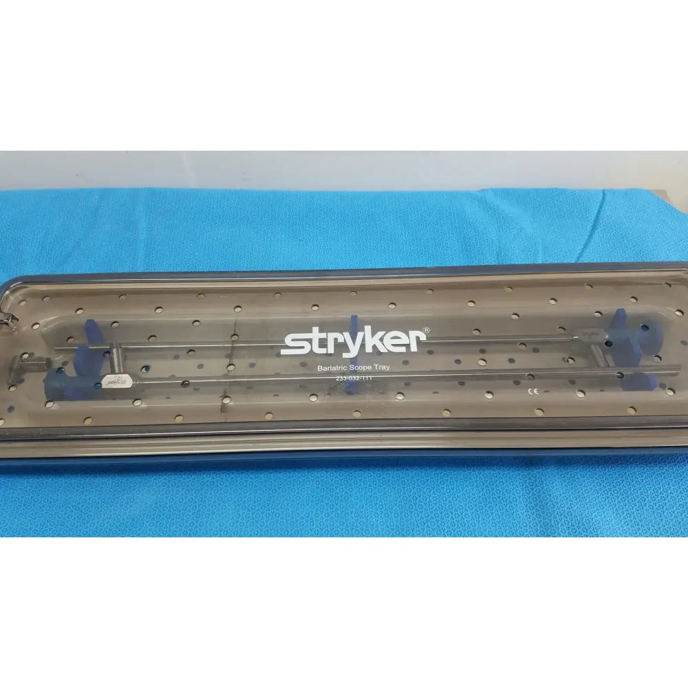 Stryker lot of 2 autoclavable 134ºc scope trays with transparent perforated plastic and blue-handled surgical instruments