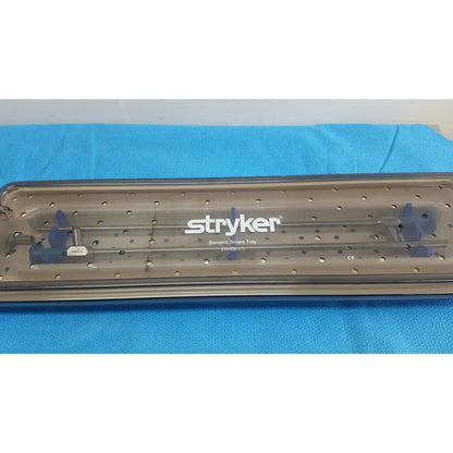 Stryker lot of 2 autoclavable 134ºc scope trays with transparent perforated plastic and blue-handled surgical instruments