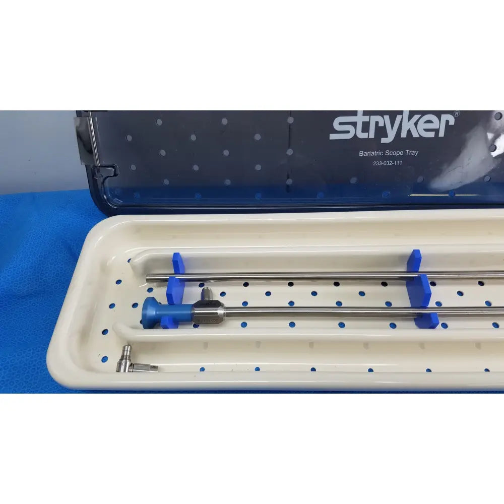 Stryker lot of 2 autoclavable 134ºc scope sterilization trays with metallic instruments and blue plastic holders