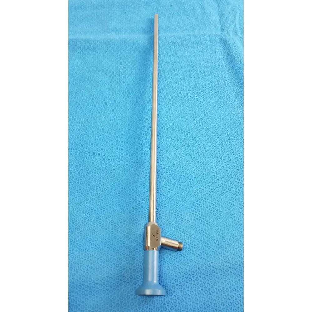 Silver surgical endoscope with slender metallic shaft and blue handle in stryker lot autoclavable 134ºc scope set