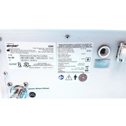 Stryker pneumo sure xl high flow insufflator model 1611ce1182 with white label and regulatory markings on back side