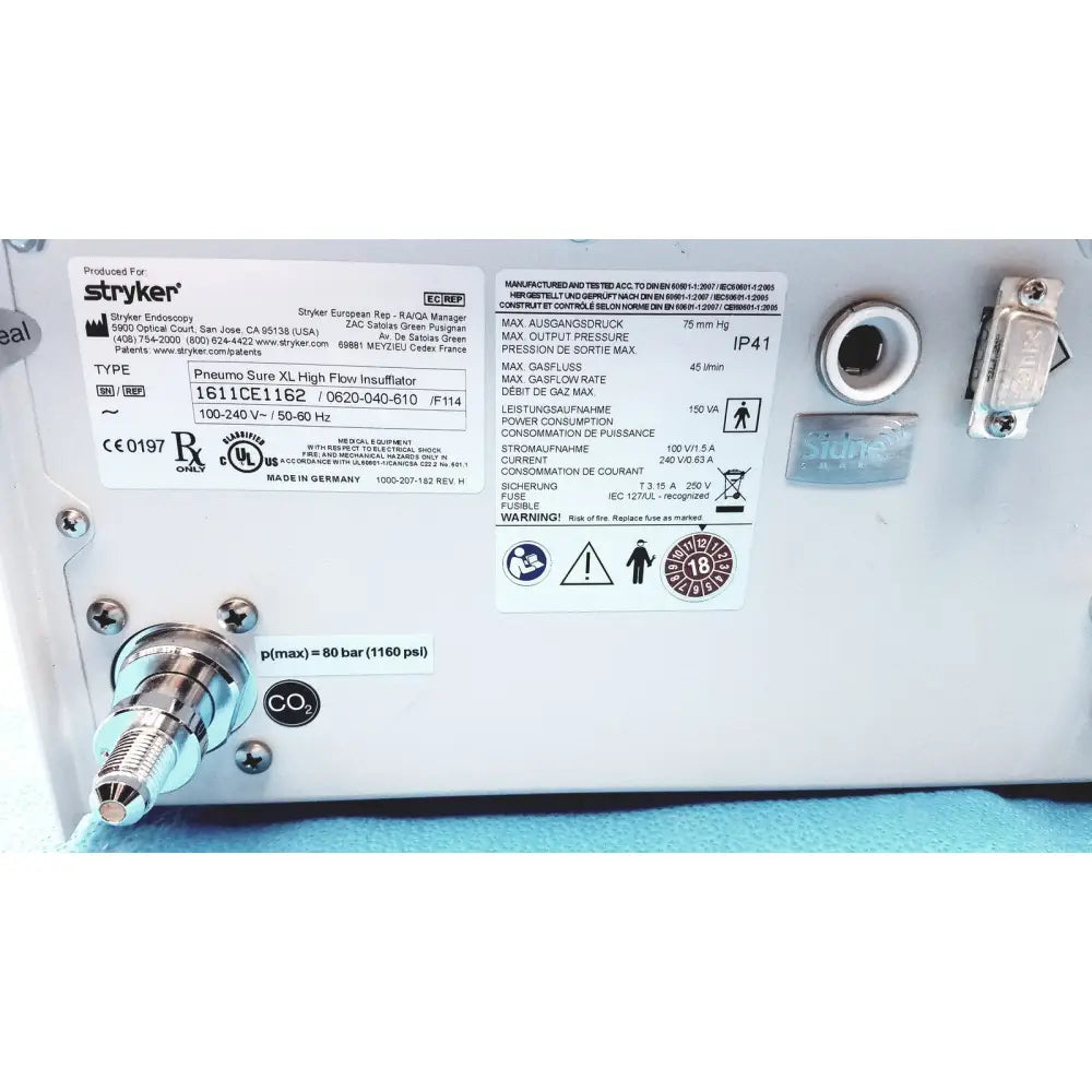 White plastic stryker pneumo sure xl high flow insufflator with metallic fittings and co2 port for medical use