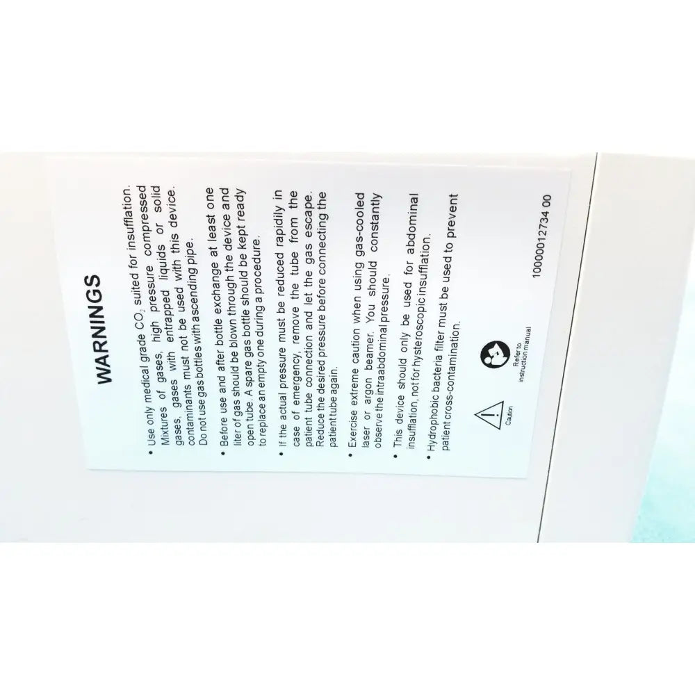 White paper insert with black printed warnings and caution symbol for stryker pneumo sure xl high flow insufflator