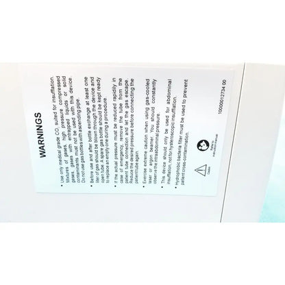 White paper insert with black printed warnings and caution symbol for stryker pneumo sure xl high flow insufflator