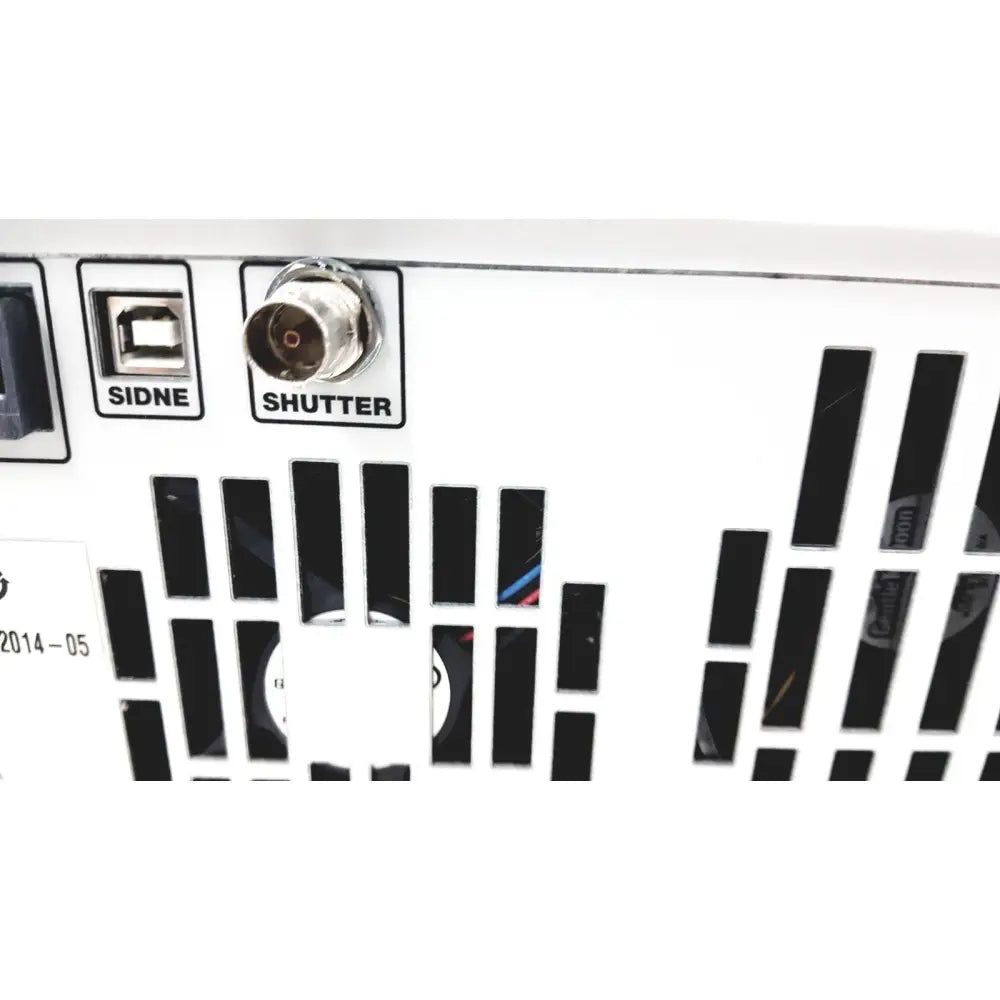 White plastic stryker precision light source with silver bnc shutter connector and black usb sidne port back side view
