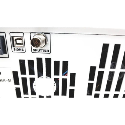 White plastic stryker precision light source with silver bnc shutter connector and black usb sidne port back side view