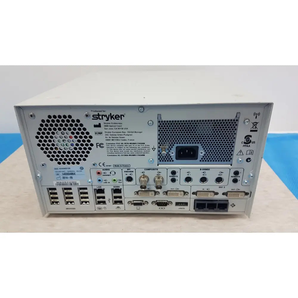 Silver metallic stryker sdc3 hd digital capture unit back panel with perforated design and multiple connectivity ports