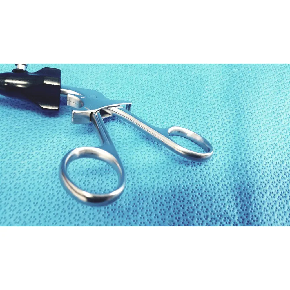 Stryker stainless steel laparoscopiic clamp featuring stainless steel forceps with black ergonomic handle for precision use