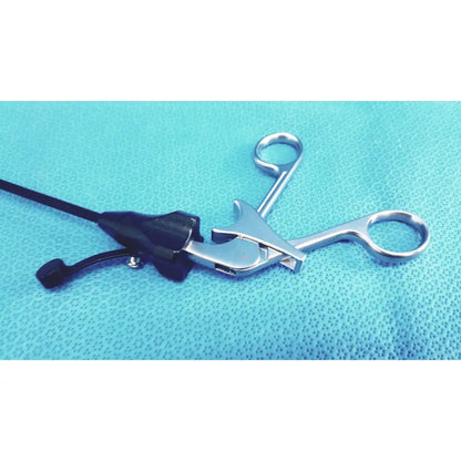 Silver stryker stainless steel laparoscopiic clamp with black plastic handle and attached cable for surgical use