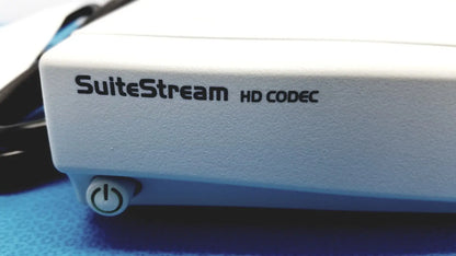White stryker suite stream hd codec device with power button on side for seamless video communication