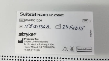 White label on the back side of the stryker suite stream hd codec device model 0678001200 in black material