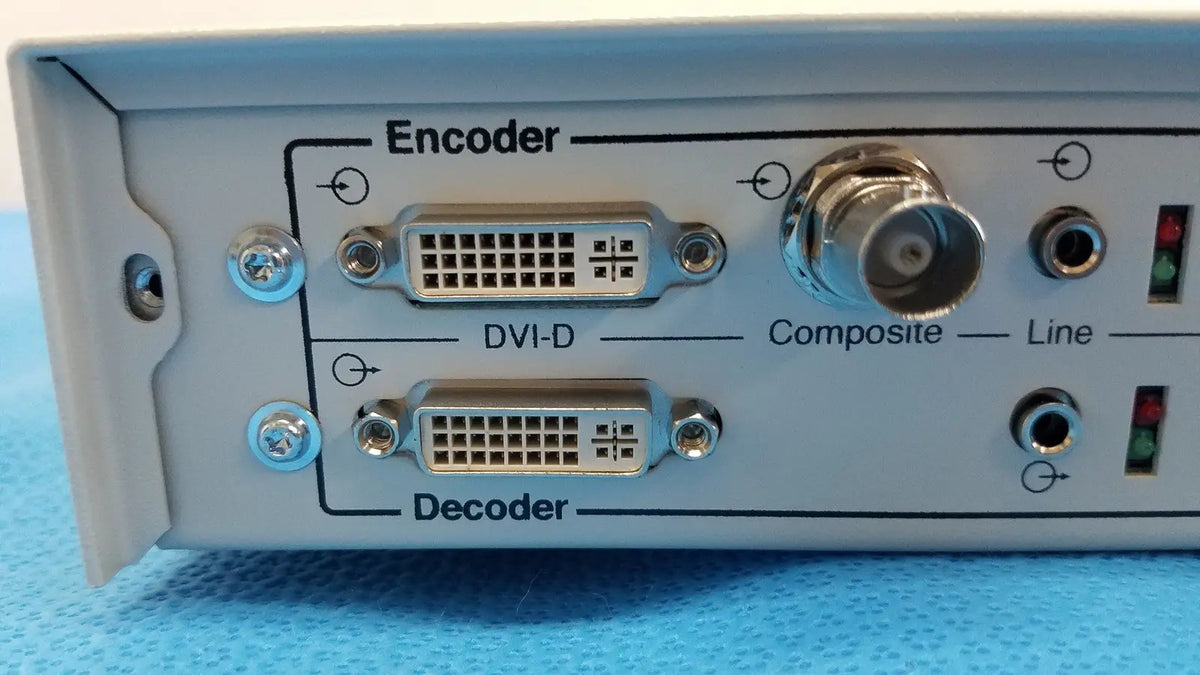 Back side of light gray metallic stryker suite stream hd codec 0678001200 with dvi-d ports and bnc connector