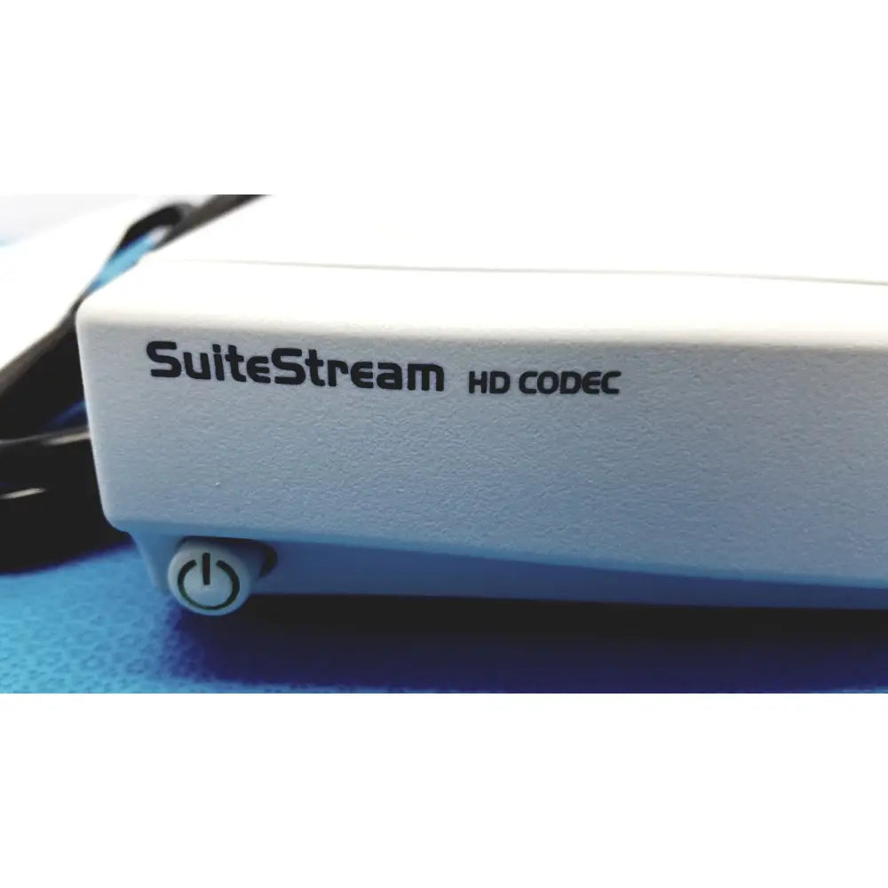 White stryker suite stream hd codec device with power button on side for seamless video communication