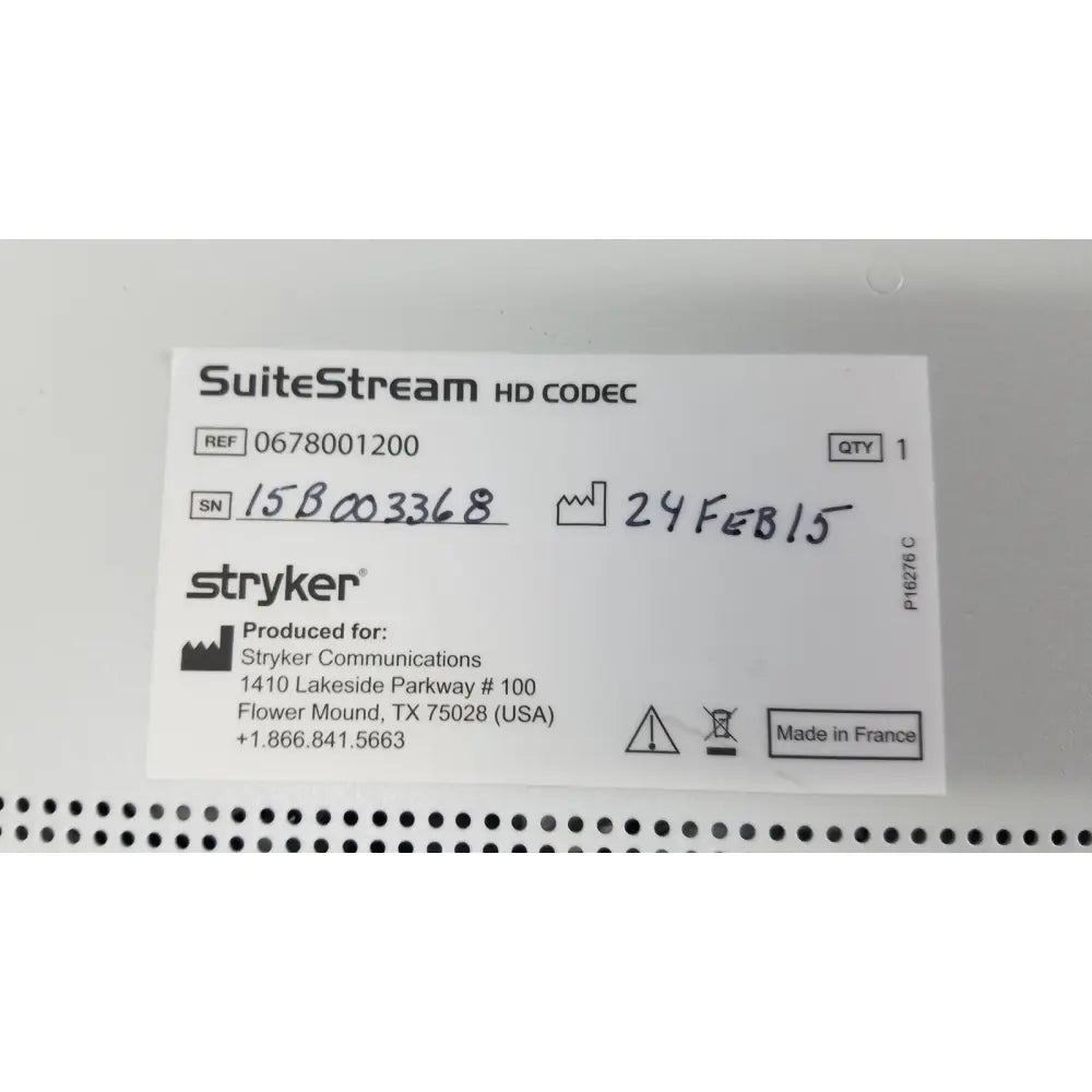 White label on the back side of the stryker suite stream hd codec device model 0678001200 in black material