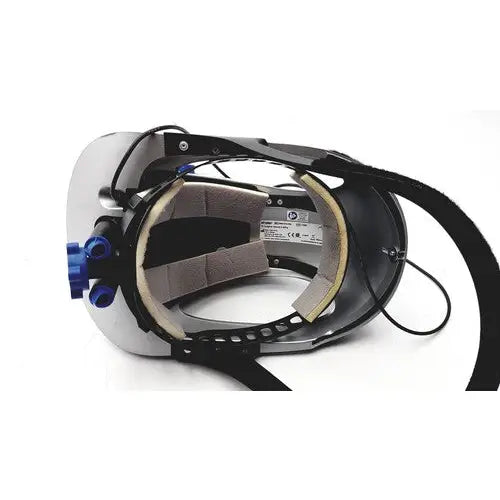 Silver and black stryker t5 surgical helmet with blue adjustment knobs designed for orthopedic instruments use