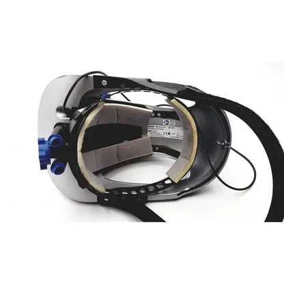 Silver and black stryker t5 surgical helmet with blue adjustment knobs designed for orthopedic instruments use