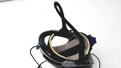 Stryker t5 surgical helmet in black with glossy finish and adjustable blue-accented straps for reuse medical settings
