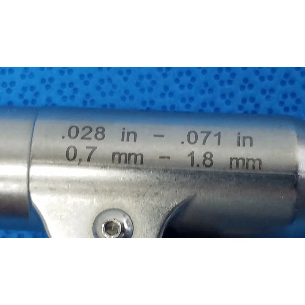 Silver metallic stryker wire collet 4100-062-000 with engraved measurement markings from 0.7 mm to 1.8 mm