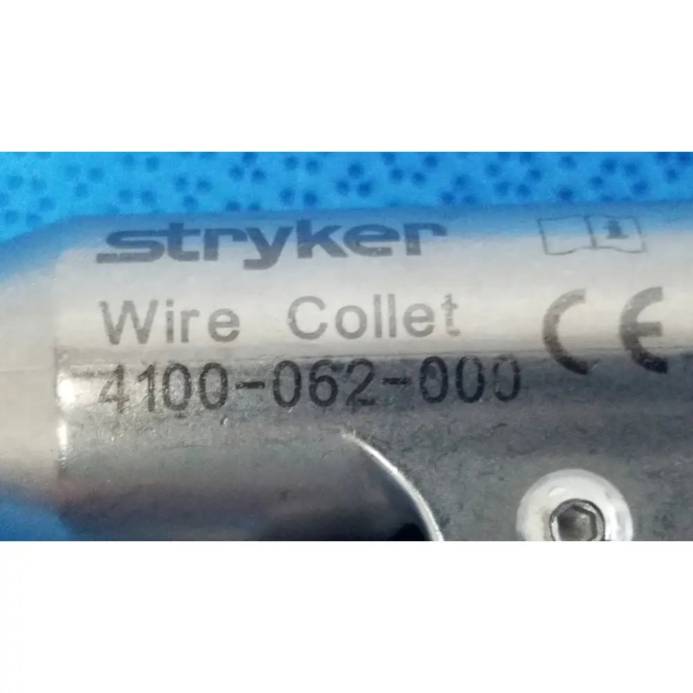 Silver-colored metal stryker wire collet model 4100-062-000 designed for reuse medical applications