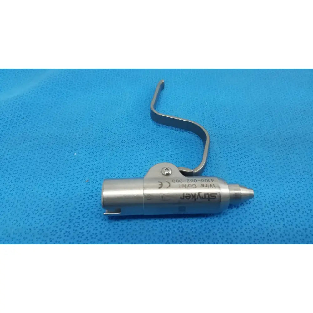 Silver metallic surgical wire collet with curved handle and engraved branding for stryker wire collet 4100-062-000