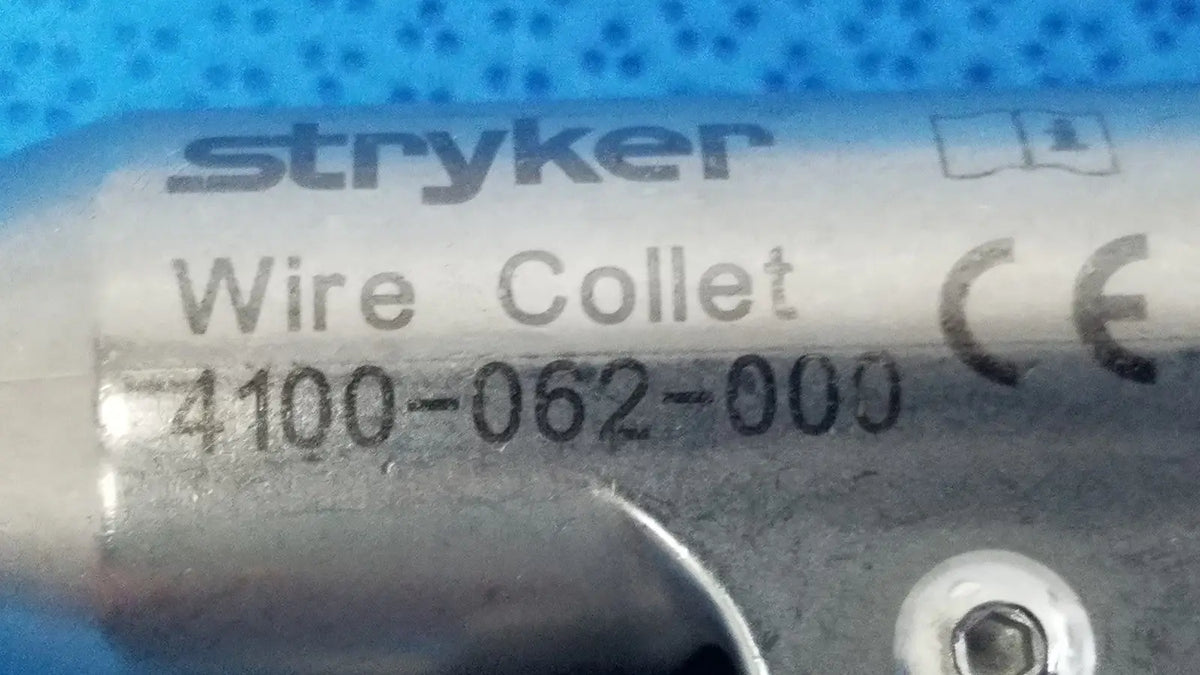 Silver-colored metal stryker wire collet model 4100-062-000 designed for reuse medical applications