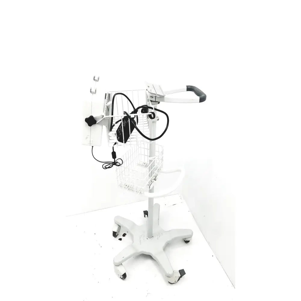 White medical cart with wire basket and adjustable arm for summiit doppller vista abi reuse medical system mobility