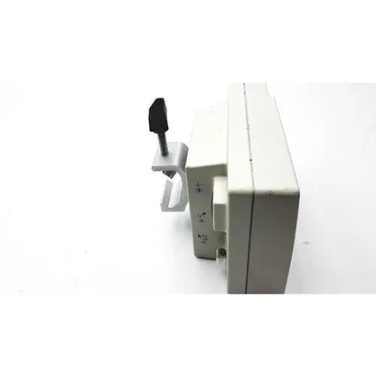 White plastic clamp with black handle on suntech medical tango+ patient monitor for secure attachment