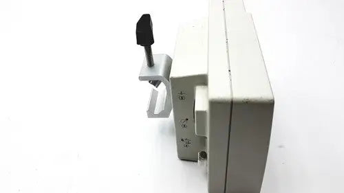 White plastic clamp with black handle on suntech medical tango+ patient monitor for secure attachment