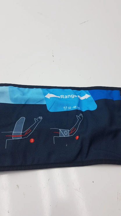 Dark blue fabric suntech orbit abpm cuff size 3 range 32-44 cm with light blue label and arm positioning diagrams