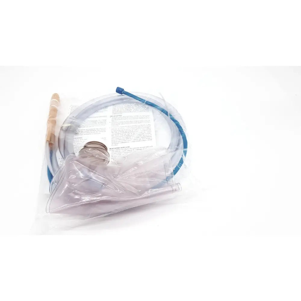 Clear plastic super xl enama face mask with blue tubing and beige handle in transparent bag for reuse medical use