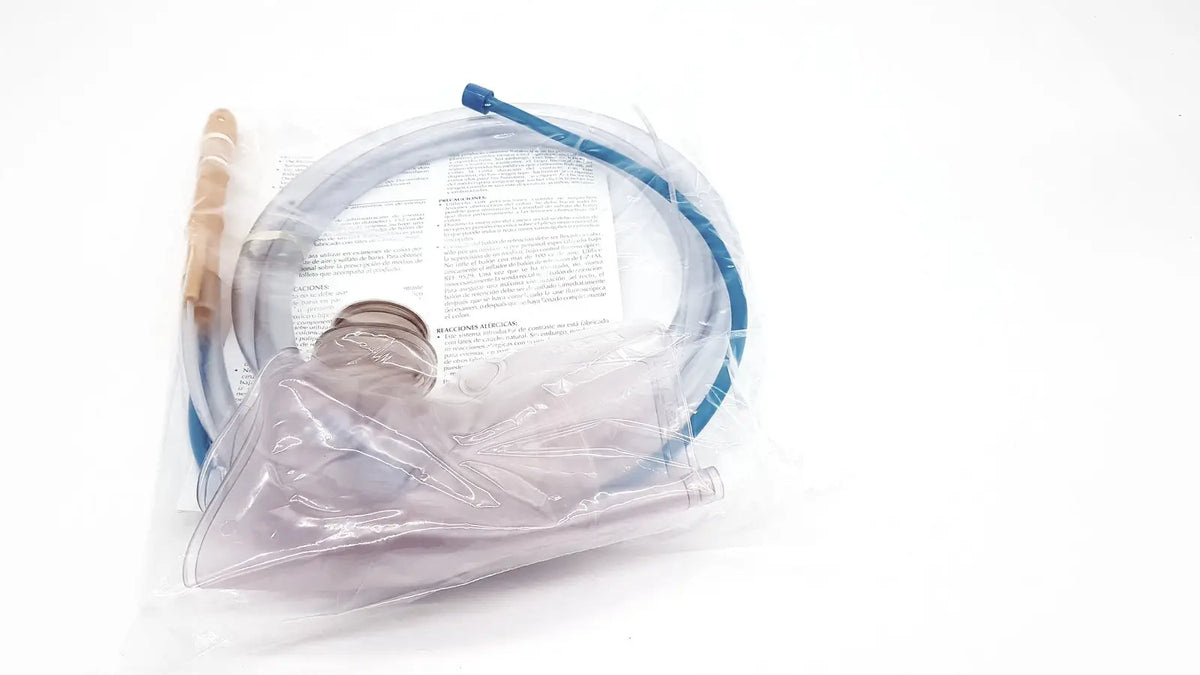Clear plastic super xl enama face mask with blue tubing and beige handle in transparent bag for reuse medical use