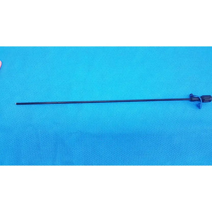 Black surgical cannula sheath with slender rigid shaft and textured handle featuring blue plastic luer lock components