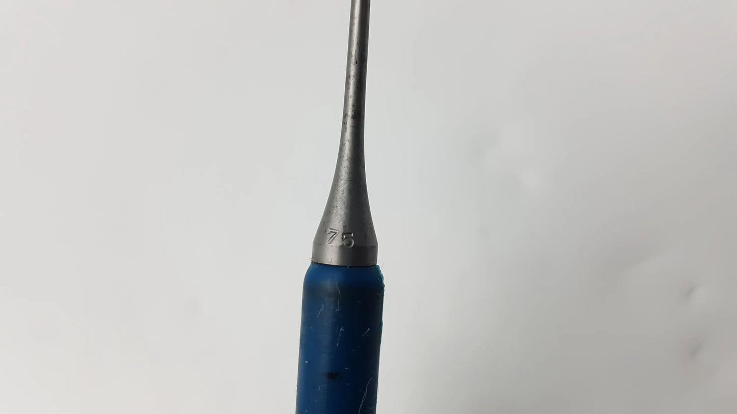 Blue-handled metal dental instrument with tapered silver needle probe tip marked 75 compatible dental instrument tool
