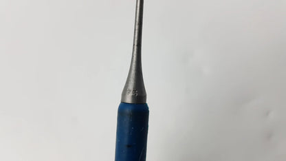 Blue-handled metal dental instrument with tapered silver needle probe tip marked 75 compatible dental instrument tool