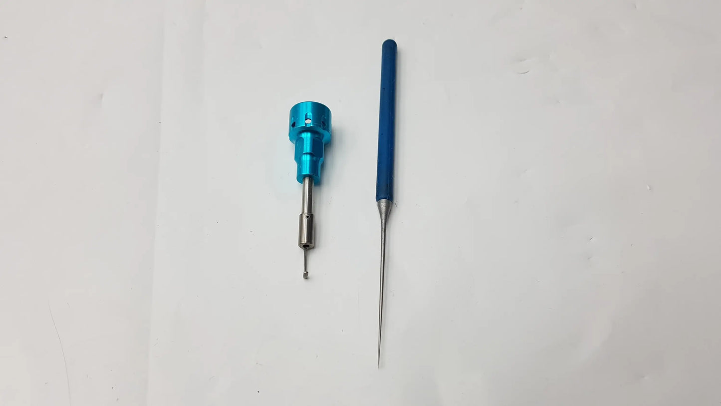 Blue and silver surgical dental instrument tool set with needle probe and hook featuring cylindrical blue handle