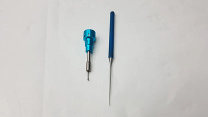 Blue and silver surgical dental instrument tool set with needle probe and hook featuring cylindrical blue handle