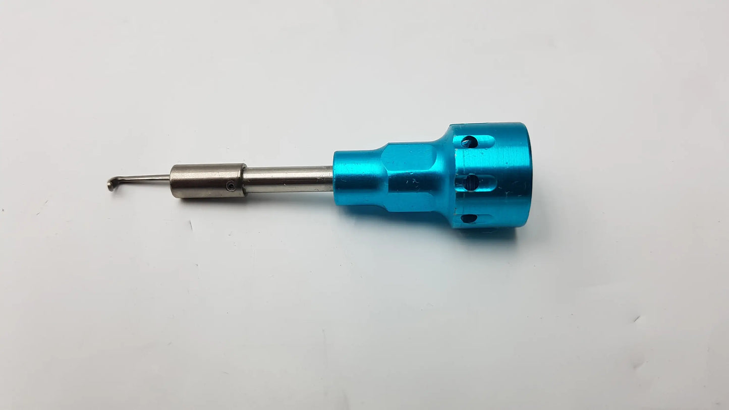Blue aluminum-handled surgical dental instrument with silver metallic shaft and fine pointed needle probe tip for precision use