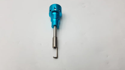 Surgical dental instrument with blue anodized aluminum handle and silver metallic shaft needle probe hook for dental use