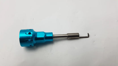 Blue aluminum alloy dental instrument with hexagonal head and curved hook needle probe for compatible dental instrument use