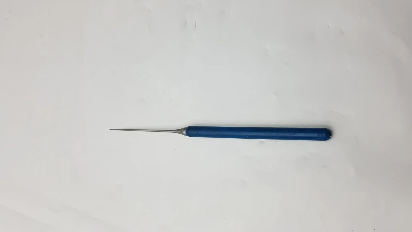 Blue-handled metal needle probe dental instrument designed as a compatible tool for surgical dental procedures
