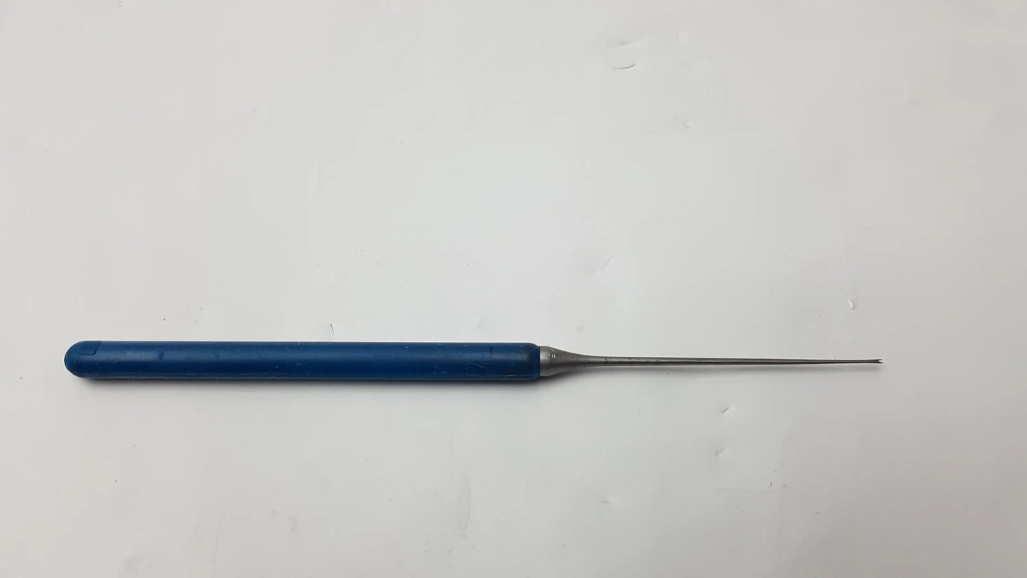 Blue-handled surgical dental instrument with slender metallic needle probe tip compatible dental instrument tool