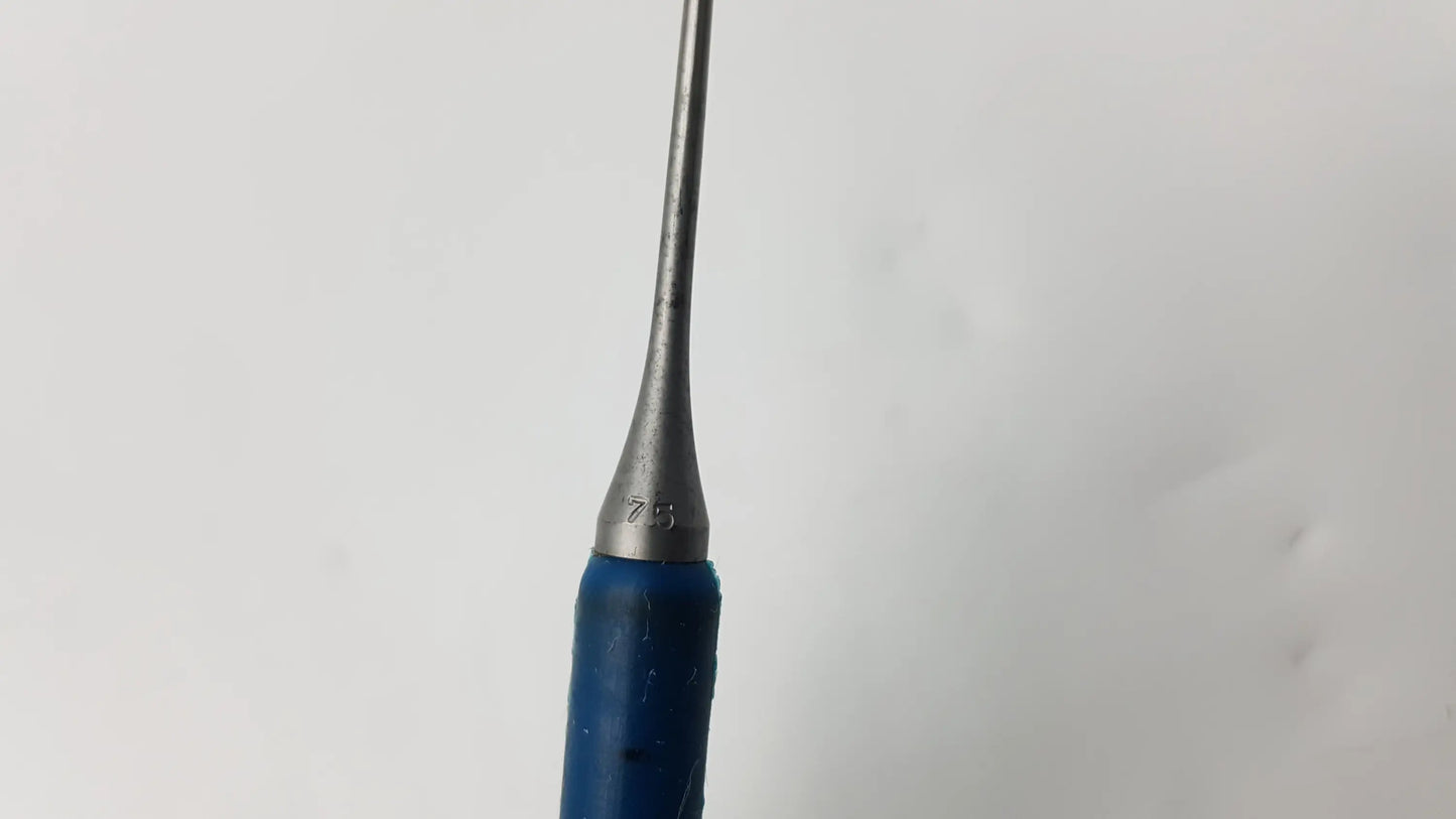 Blue-handled metal punch needle probe surgical dental instrument with slender pointed tip for precise dental use