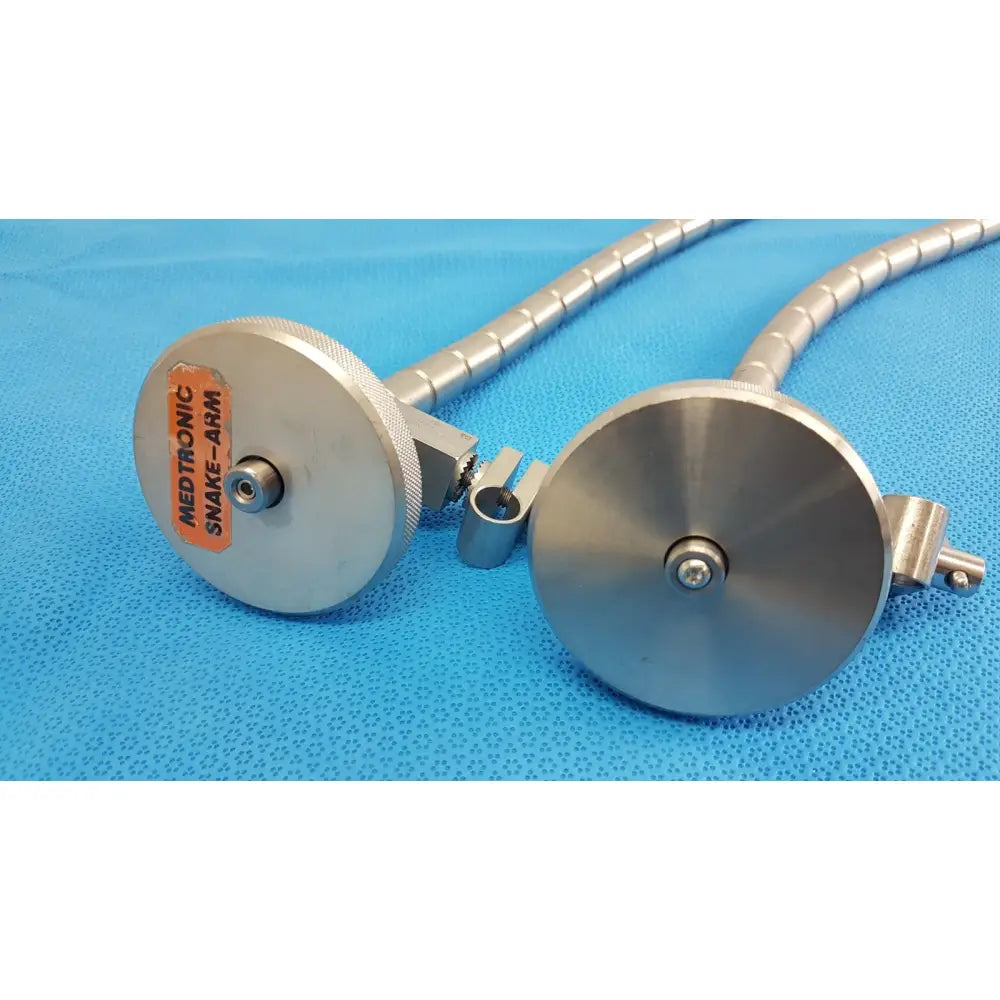 Silver metallic medtronic surgical snake flexarm with flexible segmented tube and circular end caps for OR use lot of 2